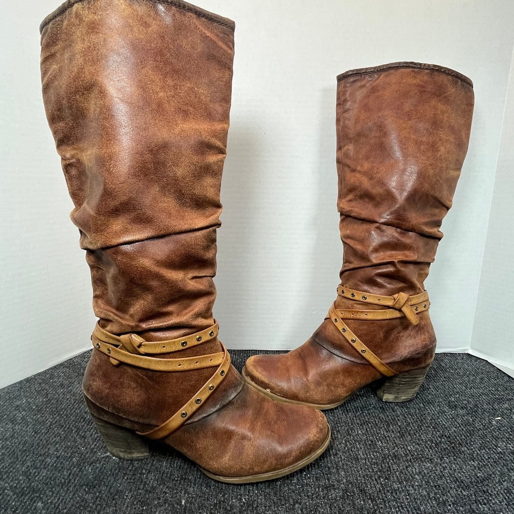BareTraps Rocky Tall Slouch Boots Womens 8M Brown Boho Western Studded Moto